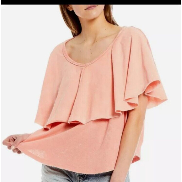 Free People Girl Talk Sunny Peach ruffled‎ layered top TEE size MEDIUM M - Picture 1 of 4